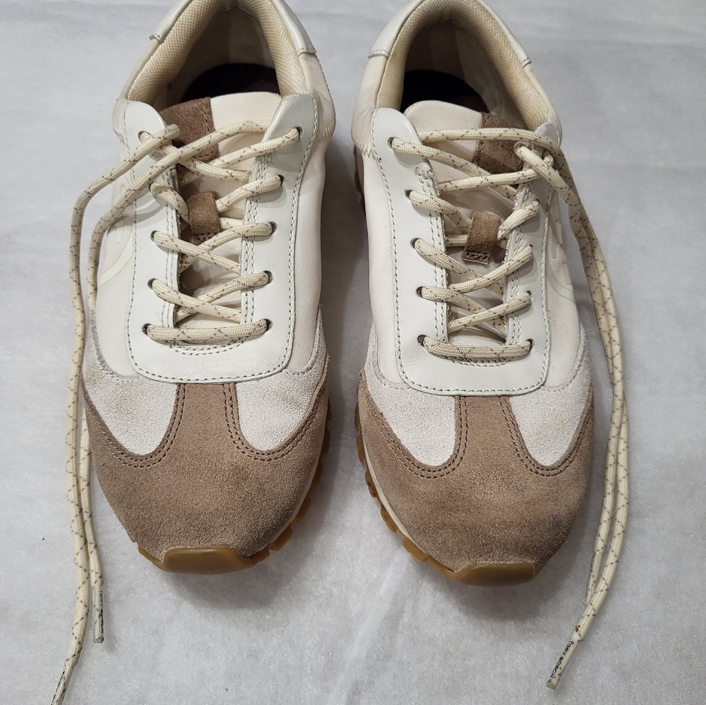 Tory Burch Annie Nylon Runner Sneaker Leather Running Tan White 6.5